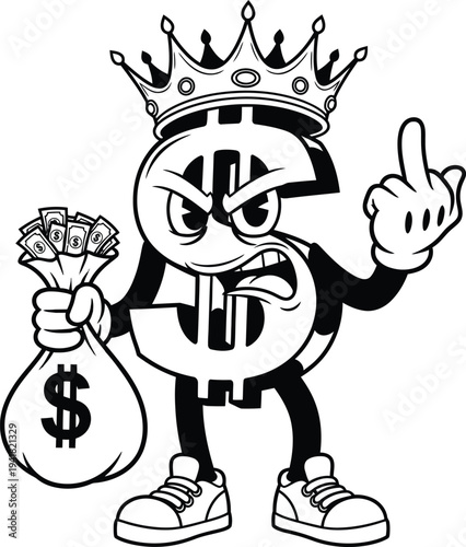 Dollar Sign Character Silhouette Wearing Crown Holding Money Bag and Giving Middle Finger