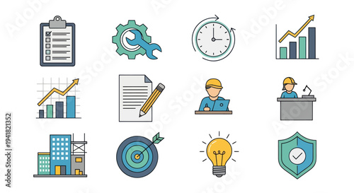 A colorful collection of flat line icons for business project management and construction.