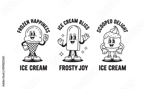 Three monochrome retro ice cream characters portray frozen happiness and frosty joy with cheerful expressions