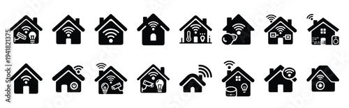 smart home technology web icon set in silhouette style.