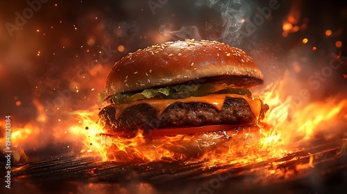 A juicy hamburger sizzles on a fiery grill with flames licking its sides and smoke rising, capturing the intense heat and aroma of freshly cooked meat in a dramatic close-up shot.