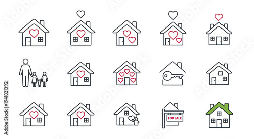 Set of line art house icons with hearts family and real estate symbols.