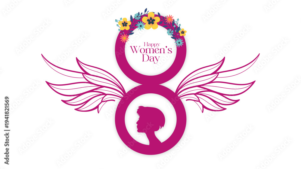 Obraz premium Happy Women’s Day illustration with diverse women faces, floral wreath frame and empowerment theme, international women celebration design for greeting cards, posters, social media