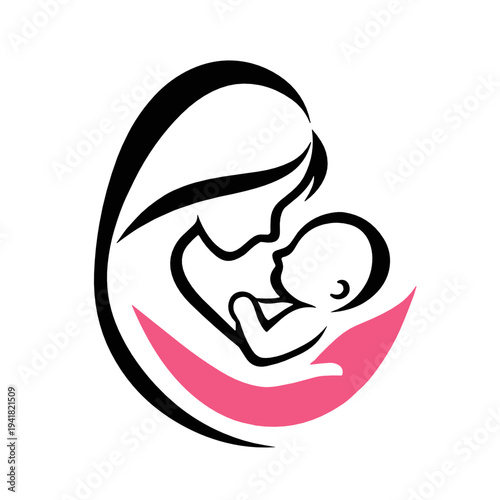 Minimal vector icon of a mother nursing her baby inside an oval shape with pink base. Tender symbol for breastfeeding, maternal care, early bonding, and infant wellbeing.