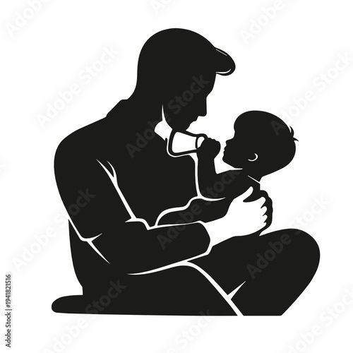 Black silhouette of a seated father bottle feeding his baby, highlighting active parenting, childcare routine, tenderness and modern family care in minimalist vector format.