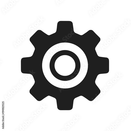 Bold black settings gear icon isolated on white background. Clean flat vector symbol for configuration, preferences, process, engineering, maintenance, control and system management.