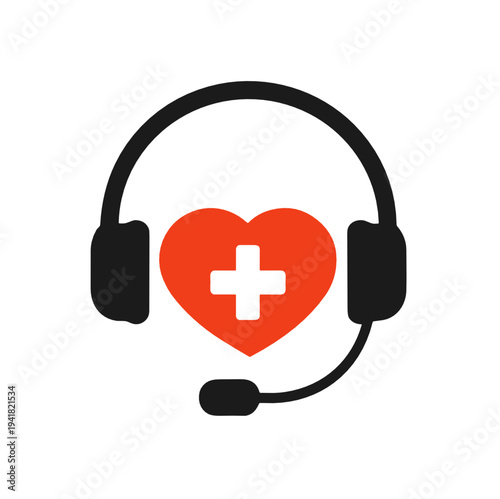 Headset icon with a red heart and medical cross in the center. Healthcare vector illustration for telemedicine, support hotline, patient assistance and digital care service concept.