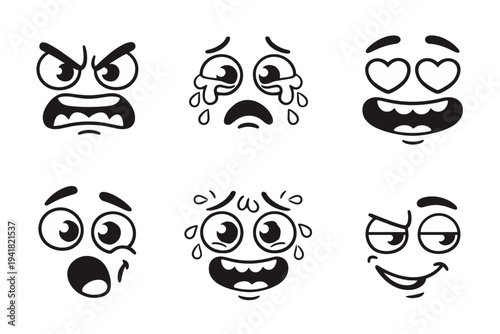 Black and white emoji face pack with angry, crying, lovestruck, shocked, anxious and sly expressions. Versatile emoticon set for chat, reactions, stickers and social media content.
