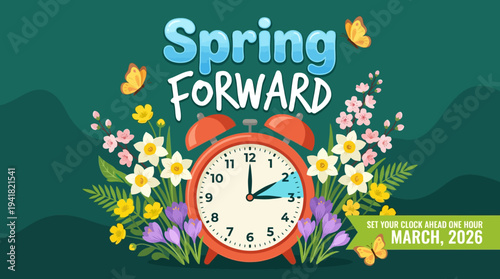 Spring Forward 2026 Daylight Saving Time Reminder Illustration with Red Alarm Clock, Spring Flowers, and Butterflies on Green Background