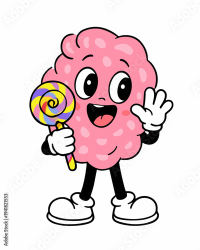 Happy pink brain mascot holding a colorful lollipop and waving hello. Funny cartoon character vector that mixes intelligence and sweet fun for stickers, learning themes and merch.