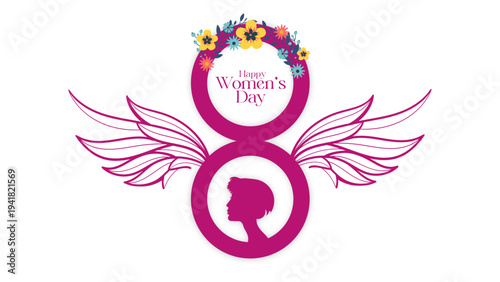 Happy Women’s Day illustration with diverse women faces, floral wreath frame and empowerment theme, international women celebration design for greeting cards, posters, social media