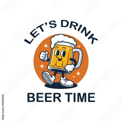 A smiling beer mug mascot with a foamy head invites everyone to enjoy beer time
