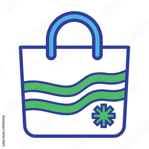 Reusable shopping bag with green stripes and blue handle