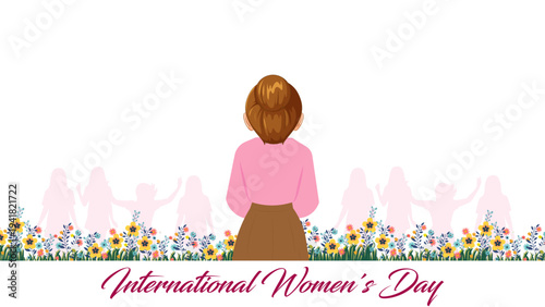 Happy Women’s Day illustration with diverse women faces, floral wreath frame and empowerment theme, international women celebration design for greeting cards, posters, social media