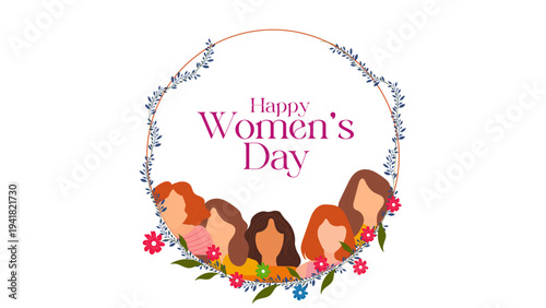 Happy Women’s Day illustration with diverse women faces, floral wreath frame and empowerment theme, international women celebration design for greeting cards, posters, social media