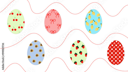 Colorful Easter eggs pattern on soft wavy pastel background, decorative spring holiday illustration with dotted and patterned eggs, festive minimal design for Easter celebration, greeting cards,