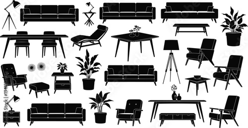 Modern furniture silhouette collection, living room interior elements set, sofa chair table lamp plant icons, minimalist home decor vector illustration