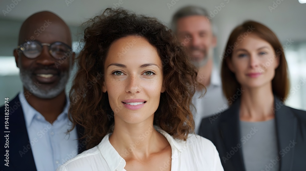 Obraz premium A diverse group of smiling professionals representing teamwork and success pose together in a bright modern office
