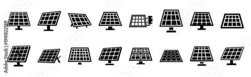 solar panel technology web icon set in silhouette style.