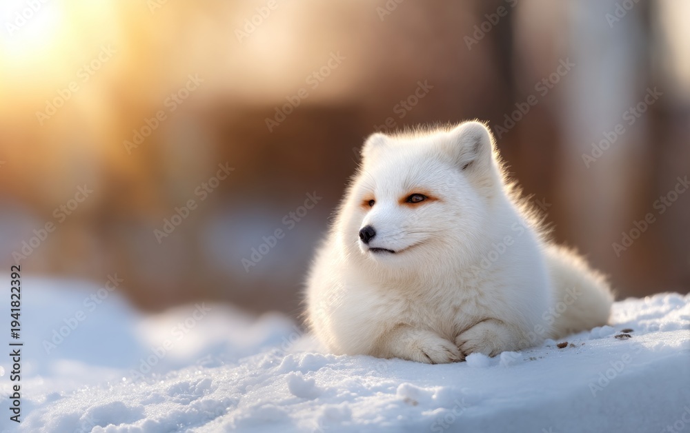 Naklejka premium Tranquil Arctic Fox Resting on Soft Snow in Icy Winter Landscape at Dusk