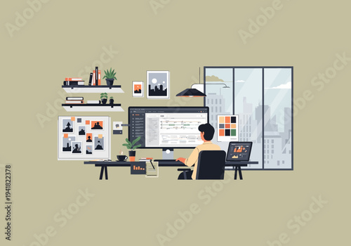 Vector Ilustration Flat Design Idea Man working diligently at his computer desk in a modern office setting.