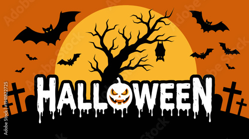 Spooky Halloween Vector Background with Full Moon, Bare Tree Silhouette, Flying Bats, and Dripping Text with Jack O Lantern Pumpkin