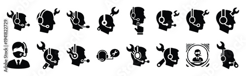 tech support technology web icon set in silhouette style.