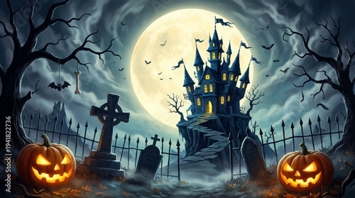 Spooky Halloween Night Landscape with Haunted Castle on a Hill, Glowing Jack-o'-Lanterns, Graveyard, and Full Moon in a Dark Cloudy Sky