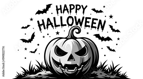 Happy Halloween Greeting Card with Spooky Jack-o'-Lantern and Flying Bats on White Background, Black and White Vector Illustration