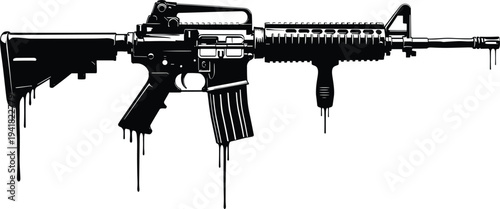 Assault rifle silhouette illustration, dripping artistic weapon artwork, modern firearm vector design, black and white combat gun drawing, symbolic military culture graphic