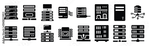 virtual server technology web icon set in silhouette style.
