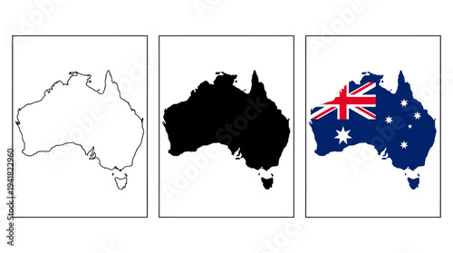 Australia Map Vector Set Featuring Outline, Solid Black Silhouette, and National Flag Design Icons Isolated on White Background