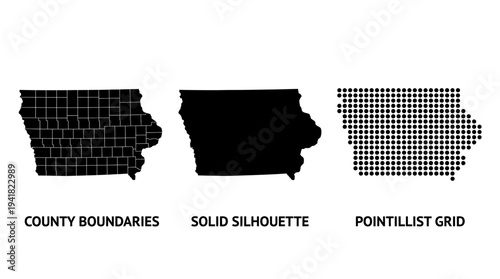 Iowa State Map Collection with County Boundaries, Solid Silhouette, and Pointillist Dot Grid Styles on White Background