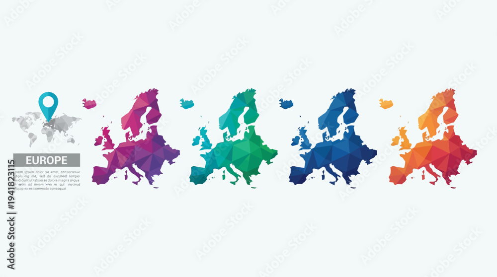 Obraz premium Europe Map Infographic Set with Low Poly Geometric Design in Multiple Colors - Abstract Polygonal Vector Maps of European Continent for Data Visualization