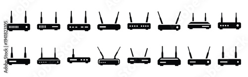 wireless router technology web icon set in silhouette style.