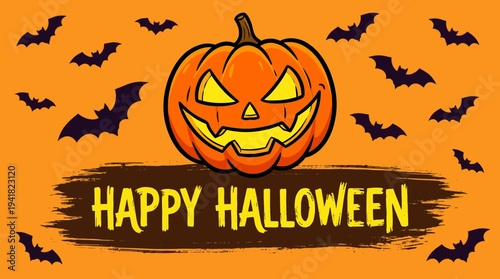 Happy Halloween Illustration with Carved Jack-O-Lantern Pumpkin and Flying Bats on Orange Background for Holiday Greeting Cards and Posters