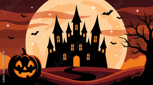 Halloween Background with Spooky Haunted Castle Silhouette, Jack-o-lantern, and Bats under a Large Full Moon - Flat Illustration Landscape