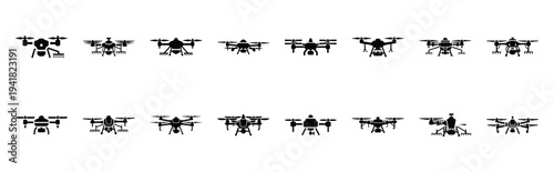 agri drone technology web icon set in silhouette style.