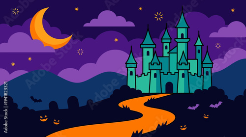 Halloween Spooky Castle Flat Vector Illustration, Haunted Fortress in Graveyard under Crescent Moon and Purple Sky, Fantasy Night Scene with Bats and Pumpkins