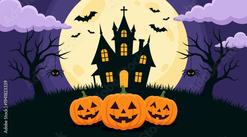 Spooky Halloween Night Landscape with Jack-o'-Lanterns, Haunted House, and Full Moon Vector Illustration
