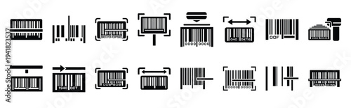 barcode scan technology web icon set in silhouette style.