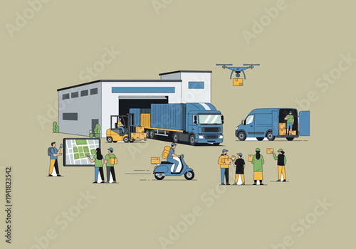 Vector Ilustration Flat Design Idea Modern Logistics and Delivery Services Hub.