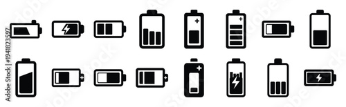 battery charge technology web icon set in silhouette style.