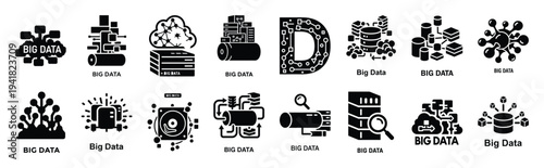 big data technology web icon set in silhouette style.