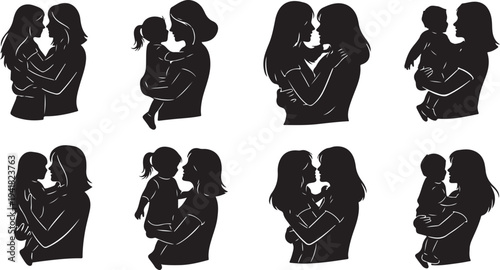 Silhouettes of mothers and children in various loving poses
