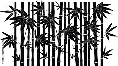 Stylized bamboo silhouette vector illustration, black and white design with stalks and leaves, nature, ecology, environment, tranquility, cultural art motif