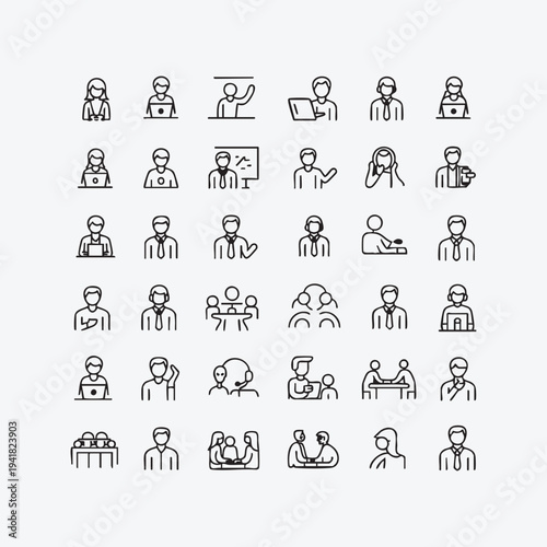 Diverse group of business people illustrated as simple line icons