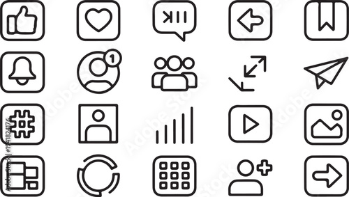 Collection of black and white representing various actions and functions square outline