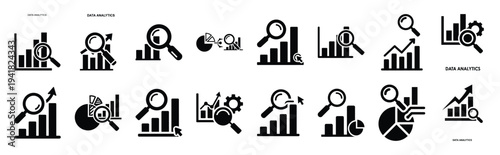 data analytics technology web icon set in silhouette style.