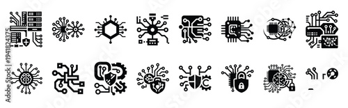 cyber technology technology web icon set in silhouette style.